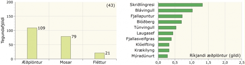 Gróðurþekja, tegundafjöldi, raki, ríkjandi tegundir og fleiri tölulegar upplýsingar í hveraleirsvist